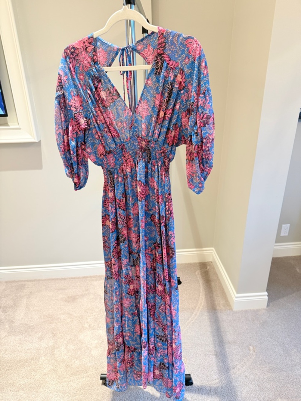 Misa Floral V-Neck Maxi Dress in Blue & Pink